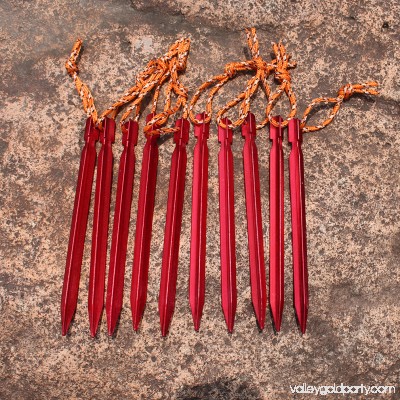 10 Pack Burly Aluminum Alloy Tent Stakes, Tent pegs ,Lightweight Aluminum Pegs Footprint 9inch, for Camping, Beach, Snow and Sand (Red) 570842551